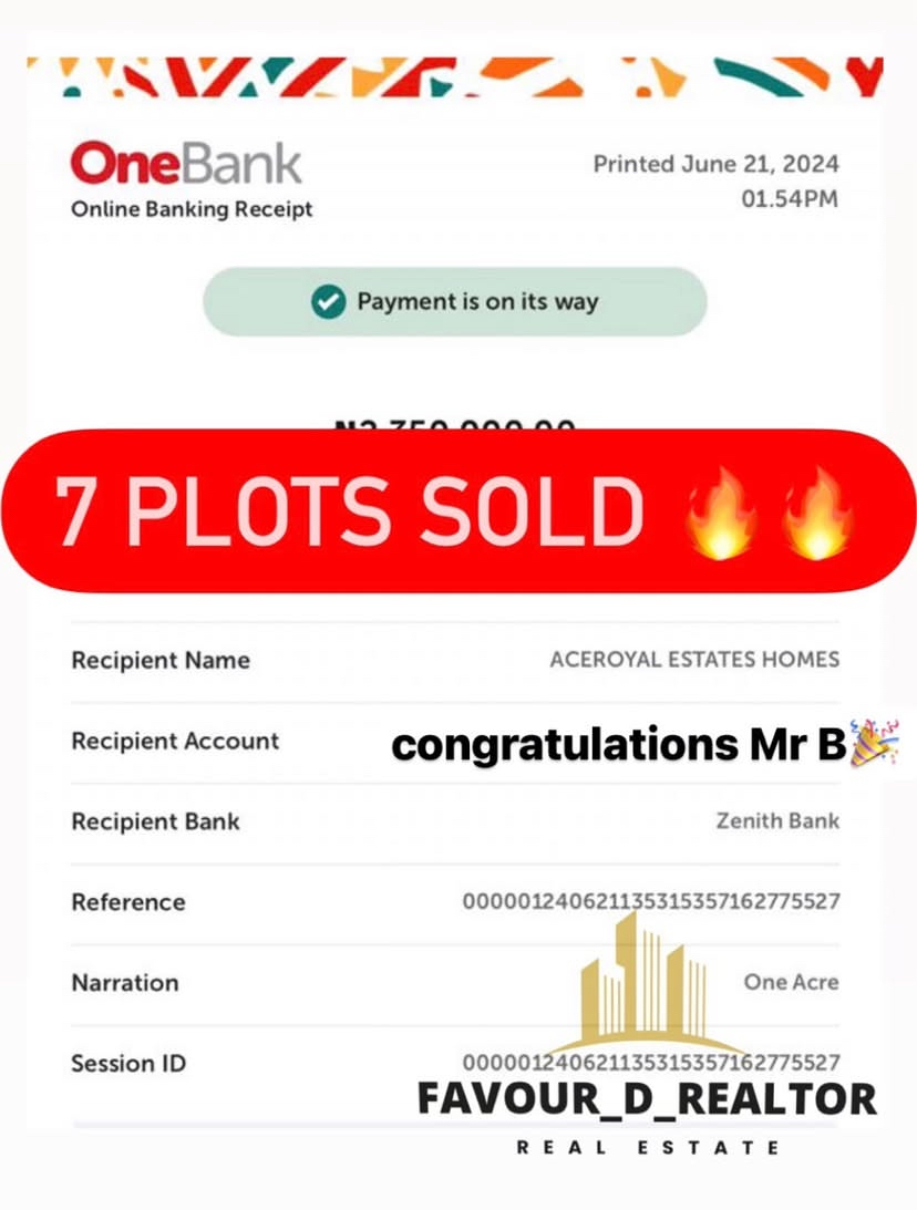 7 Plots sold — Aceroyal Estates Homes payment confirmation